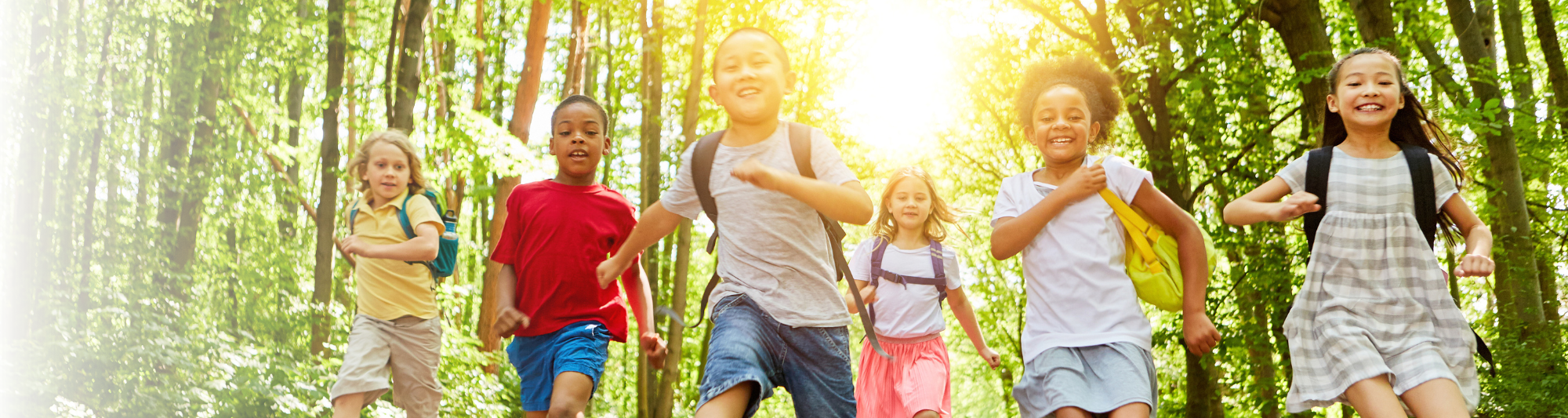 Children running on a forest trail